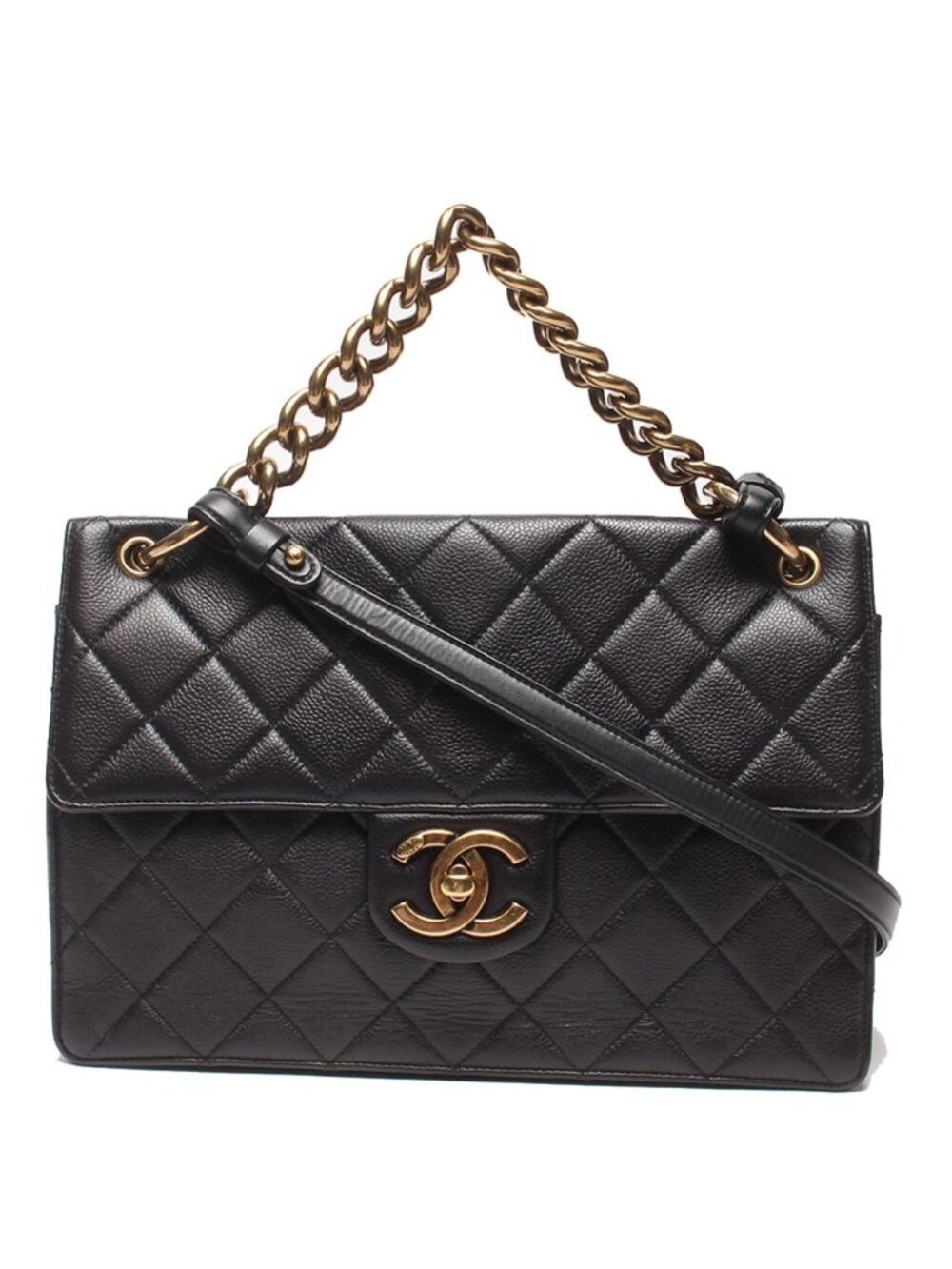 Chanel 2-Way Chain Shoulder Bag Gold Quilted Caviar Leather